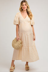 Yellow Gingham Puff Sleeve Maternity Tiered Midi Dress