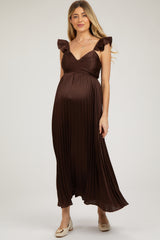 Brown Sleeveless Pleated Maternity Dress