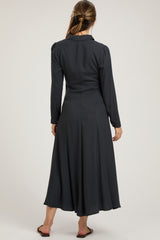 Charcoal Collared Button Down Long Sleeve Maternity Maxi Dress