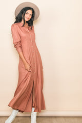 Rust Collared Button Down Long Sleeve Maternity Maxi Dress