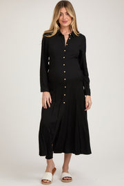 Black Collared Button Down Long Sleeve Maternity Maxi Dress