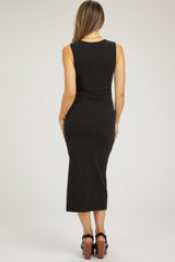 Black Rib Knit Side Tie Maternity Midi Dress