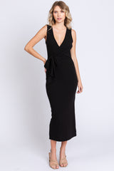 Black Rib Knit Side Tie Midi Dress