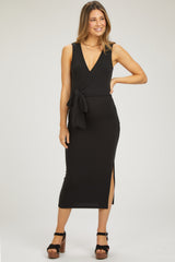 Black Rib Knit Side Tie Maternity Midi Dress