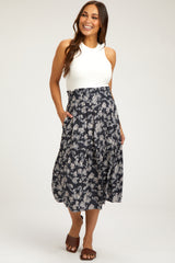 Navy Blue Floral Smocked Waist Ruffle Hem Maternity Midi Skirt