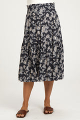 Navy Blue Floral Smocked Waist Ruffle Hem Maternity Midi Skirt