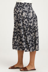 Navy Blue Floral Smocked Waist Ruffle Hem Maternity Midi Skirt