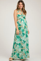 Light Blue Tropical Print Cutout Halter Neck Maternity Maxi Dress