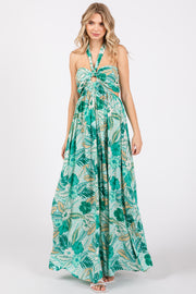 Light Blue Tropical Print Cutout Halter Neck Maxi Dress