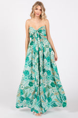 Light Blue Tropical Print Cutout Halter Neck Maxi Dress