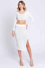 Ivory Ribbed Long Sleeve Crop Top Skirt Set