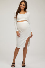 Ivory Ribbed Long Sleeve Crop Top Maternity Skirt Set