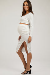 Ivory Ribbed Long Sleeve Crop Top Maternity Skirt Set