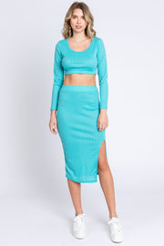 Turquoise Ribbed Long Sleeve Crop Top Skirt Set