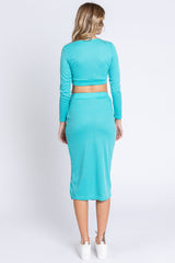 Turquoise Ribbed Long Sleeve Crop Top Skirt Set