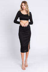 Black Ribbed Long Sleeve Crop Top Skirt Set