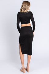 Black Ribbed Long Sleeve Crop Top Skirt Set