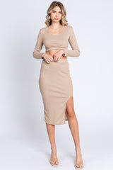 Beige Ribbed Long Sleeve Crop Top Maternity Skirt Set