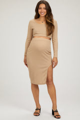 Beige Ribbed Long Sleeve Crop Top Maternity Skirt Set