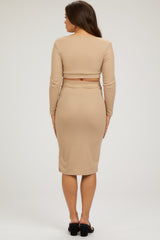 Beige Ribbed Long Sleeve Crop Top Maternity Skirt Set