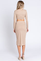 Beige Ribbed Long Sleeve Crop Top Skirt Set