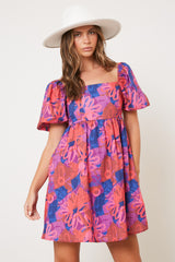 Pink Floral Square Neck Puff Sleeve Dress