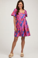 Pink Floral Square Neck Puff Sleeve Maternity Dress