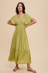 Green Smocked Flutter Sleeve Maternity Midi Dress