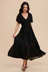 Black Smocked Flutter Sleeve Midi Dress