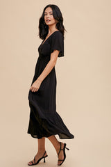 Black Smocked Flutter Sleeve Midi Dress