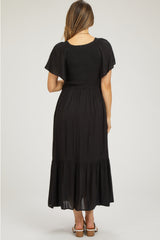 Black Smocked Flutter Sleeve Maternity Midi Dress