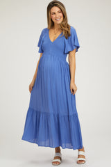 Blue Smocked Flutter Sleeve Maternity Midi Dress