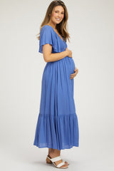 Blue Smocked Flutter Sleeve Maternity Midi Dress