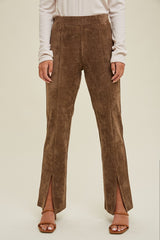 Mocha Suede Pants With Front Slit Detail