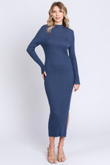 Navy Ribbed Mock Neck Side Slit Midi Dress