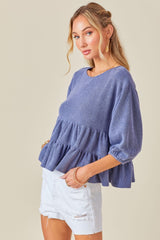 Blue Ribbed Knit Multi Tiered Ruffle Top