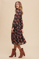 Black Flower Print Smocking Bodice Woven Midi Dress