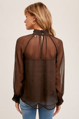 Dark Brown Ruffle Neckline Smocked Cuff Blouse