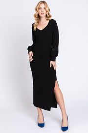 Black Soft Ribbed V-Neck Side Slit Midi Dress