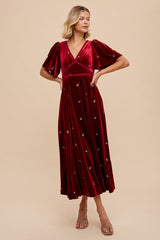 Burgundy All Over Floral Embroidered Velvet Maxi Dress