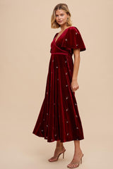 Burgundy All Over Floral Embroidered Velvet Maxi Dress