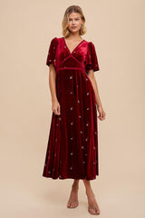 Burgundy All Over Floral Embroidered Velvet Maxi Dress