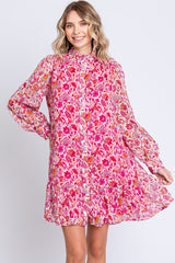 Magenta Floral Chiffon Mock Neck Button Front Dress