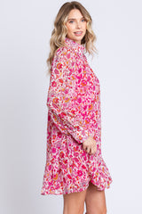 Magenta Floral Chiffon Mock Neck Button Front Dress