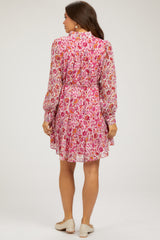 Magenta Floral Chiffon Mock Neck Button Front Maternity Dress