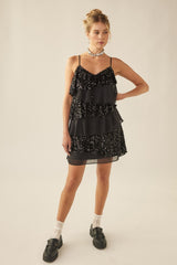 Black Multi Fabric Tiered Sequin Dress