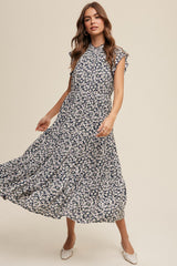 Navy Floral Ruffle Mock Neck Tiered Maternity Midi Dress