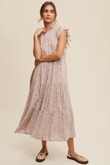 Light Mauve Floral Ruffle Mock Neck Tiered Maternity Midi Dress