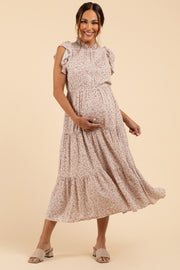 Light Mauve Floral Ruffle Mock Neck Tiered Maternity Midi Dress