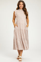 Light Mauve Floral Ruffle Mock Neck Tiered Maternity Midi Dress